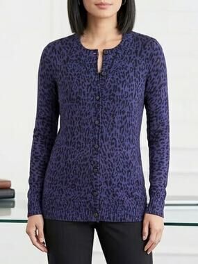 Express Blue Leopard Print Sweater – Trendy Animal Print Knit, M